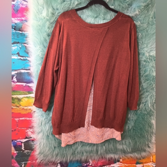 Dalia Rusty Brown Crew Neck Long 3/4 Sleeve Layered Top Size 1X - Picture 2 of 11